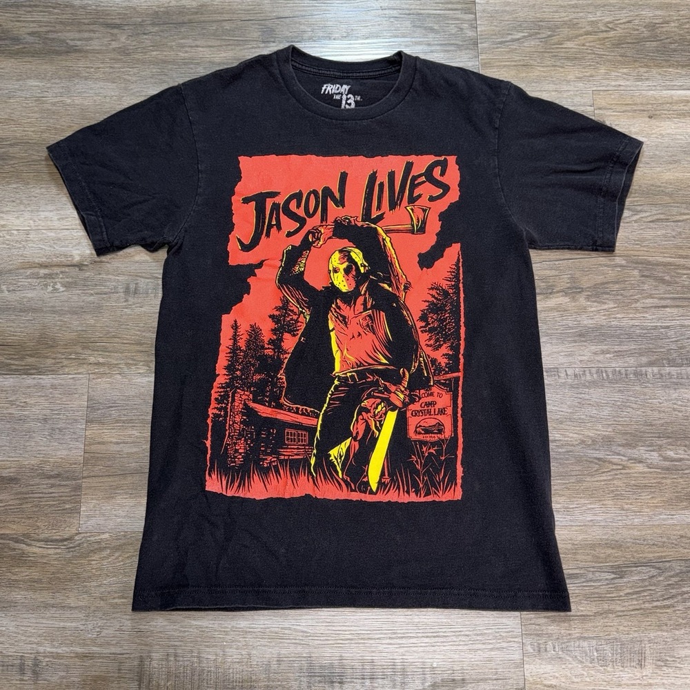 Friday the 13th Black "Jason Lives" Graphic Print Shirt Mens/Unisex S Distressed